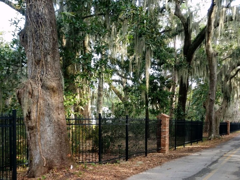 Photo of a black aluminum fence with brick posts and willow trees along a driveway