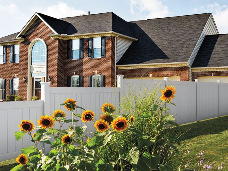 Photo of a white vinyl fence in a residential yard with sunflowers