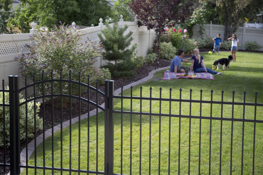 Photo of an aluminum fence around a yard with vinyl fencing behind it.